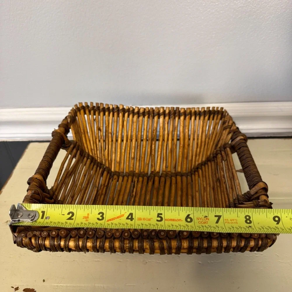 Vintage Pencil Reed Bamboo Square Basket Handles Two Tone‎ MCM Approximately 9